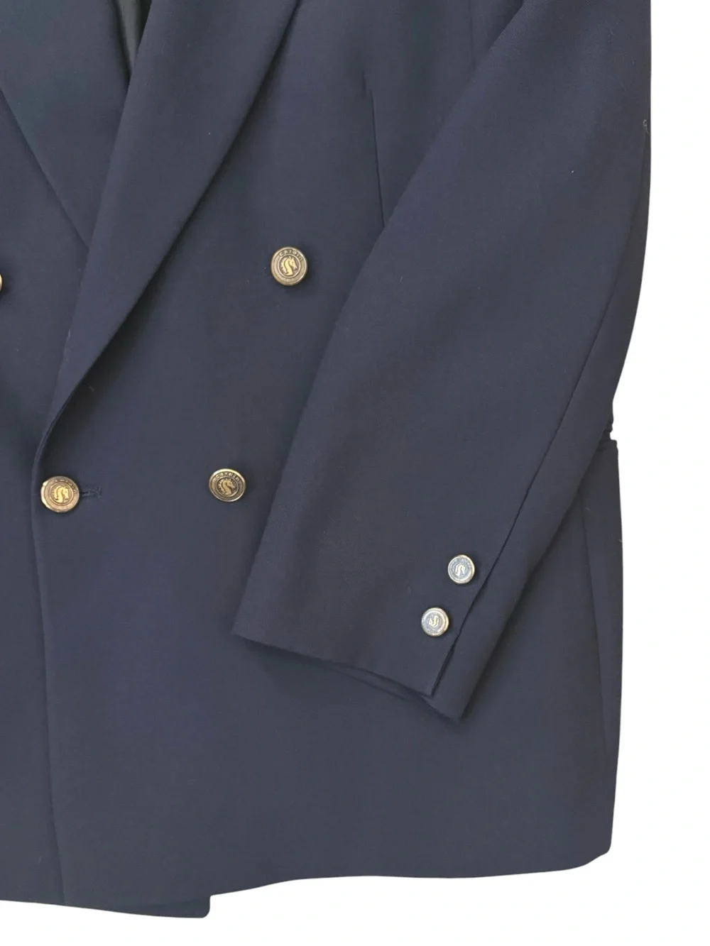 Vintage Pierre Cardin 44S Navy Blue Wool Blazer Double Breasted Gold Buttons USA